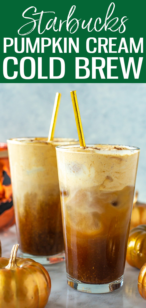 This Pumpkin Cream Cold Brew Coffee is a copycat of the Starbucks recipe and is perfect for fall. Plus, it’s made with real pumpkin! #starbucksrecipes #pumpkincream #coldbrew