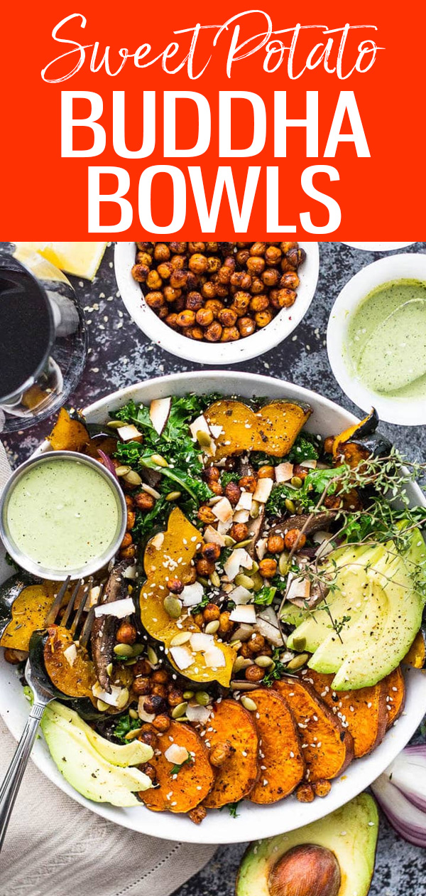 This Sweet Potato, Squash and Kale Buddha Bowl is a delicious way to enjoy roasted fall root vegetables - just add some tahini dressing! #sweetpotato #buddhabowls