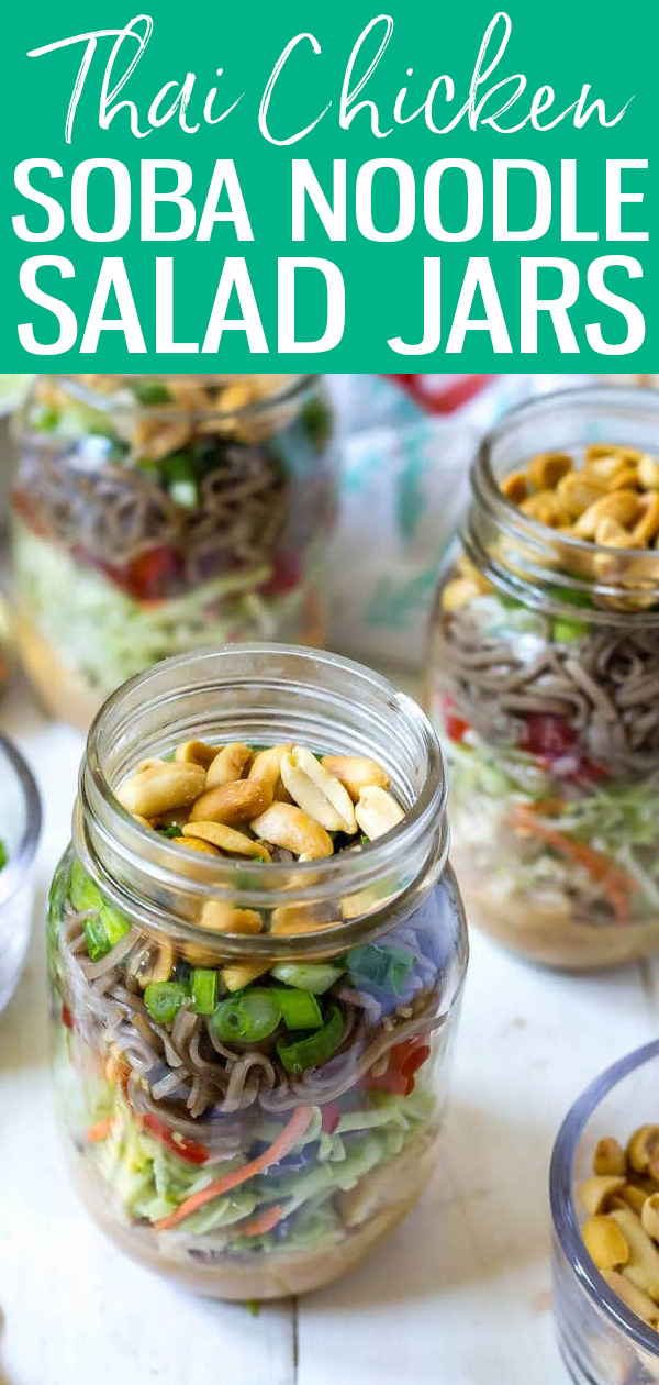 These Thai Chicken Soba Noodle Salad Jars are a delicious summer meal prep idea and a fun twist on a cold noodle salad. #thaichicken #sobanoodles #saladjars