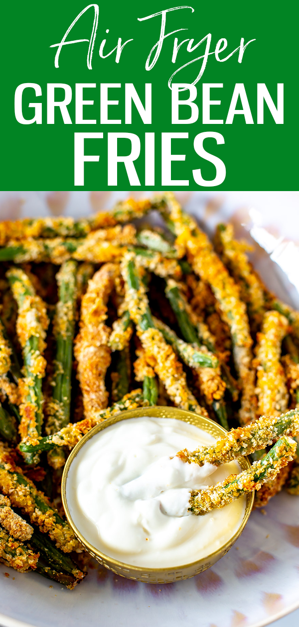 These are the CRISPIEST Green Bean Fries - learn how to make this delicious, healthy side dish in the Air Fryer or in the oven. #greenbean #airfryer 