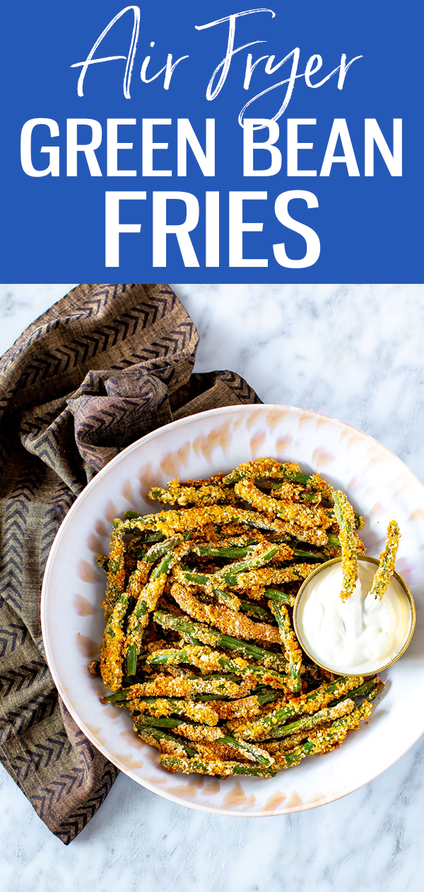These are the CRISPIEST Green Bean Fries - learn how to make this delicious, healthy side dish in the Air Fryer or in the oven. #greenbean #airfryer 