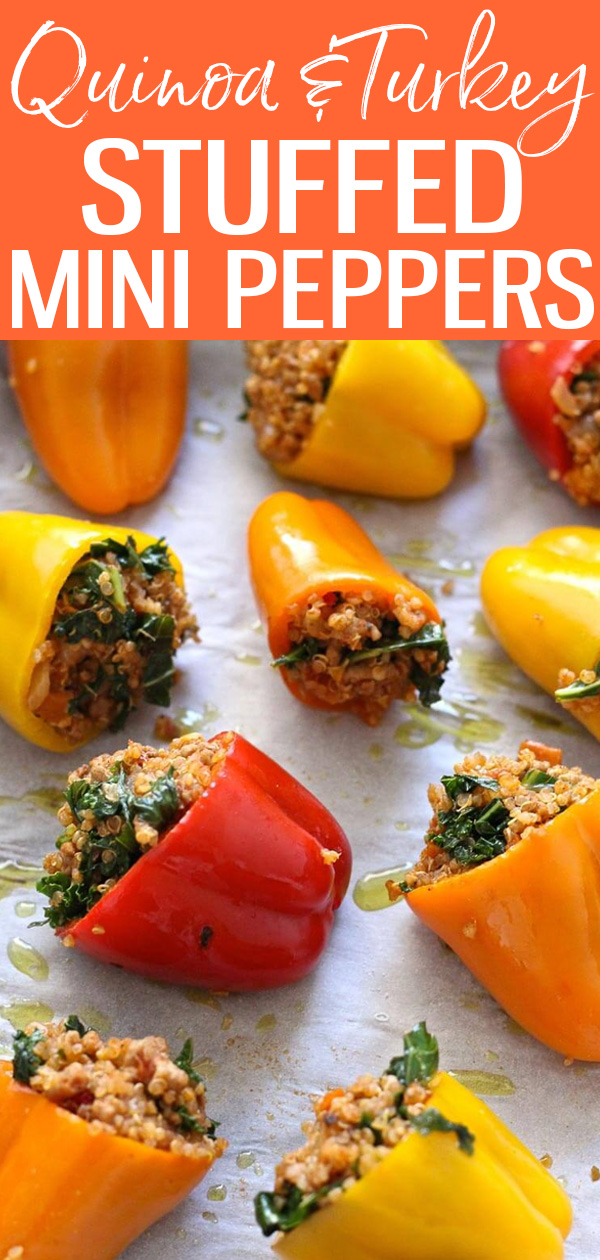 These Quinoa & Turkey Stuffed Mini Peppers are a fantastic go-to meal for busy weeknights – they’re also a great healthy appetizer! #stuffedpeppers