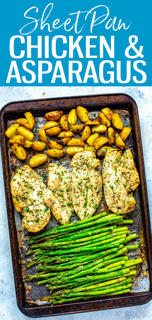 This Sheet Pan Chicken and Asparagus recipe is great for meal prep. It’s Whole30 approved and is ready in less than 30 minutes! #sheetpan #mealprep #chickenasparagus