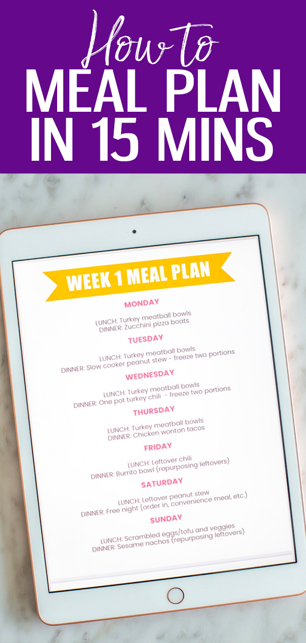 Here's how to meal plan in 5 easy steps – my simple system eliminates decision fatigue. Plus, download my free meal plan template! #mealplanning #mealplan 