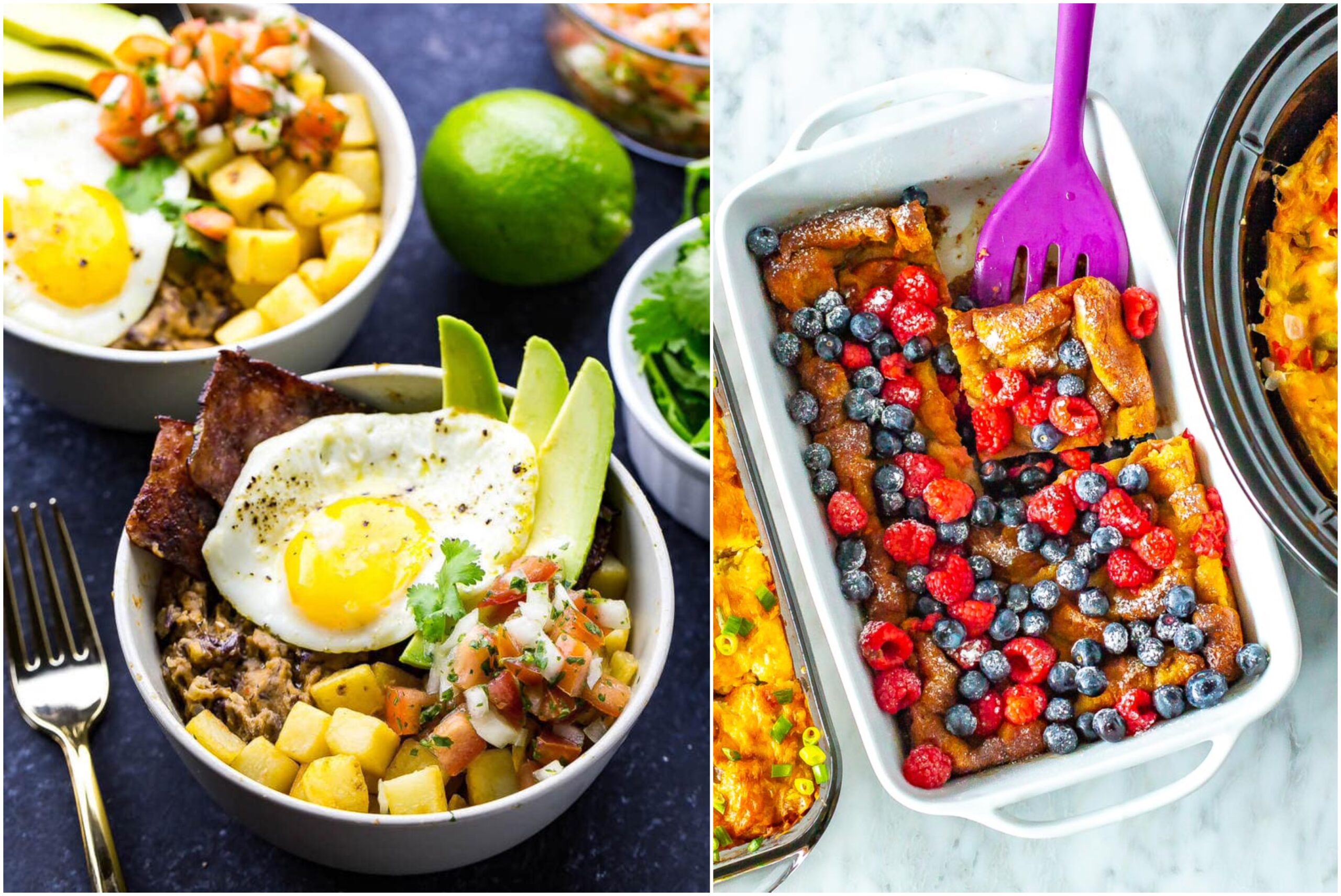 A 2 image collage. Image 1: huevos breakfast bowls and image 2 is of a french toast casserole.