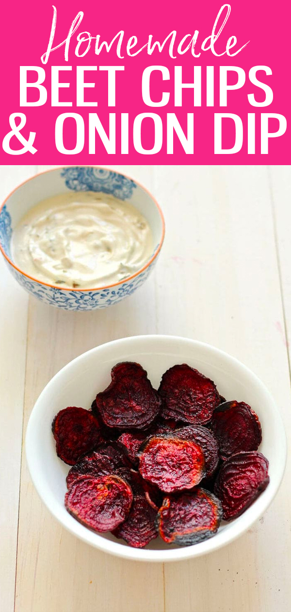 These amazing Roasted Beet Chips will curb your junk-food cravings, especially when paired with this delicious Homemade French Onion Dip! #homemadesnacks #beets