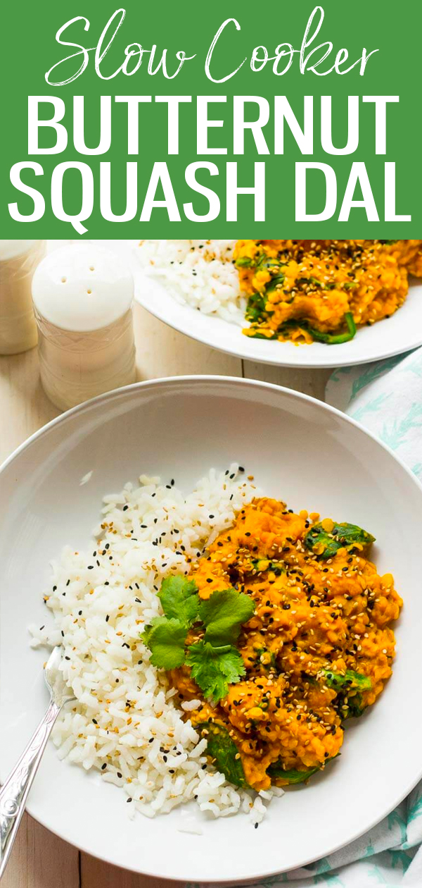 This Slow Cooker Butternut Squash Dal with lentils and coconut milk is a delicious vegan recipe - pair this Indian dish with basmati rice for a full meal! #slowcooker #butternutsquash #vegan