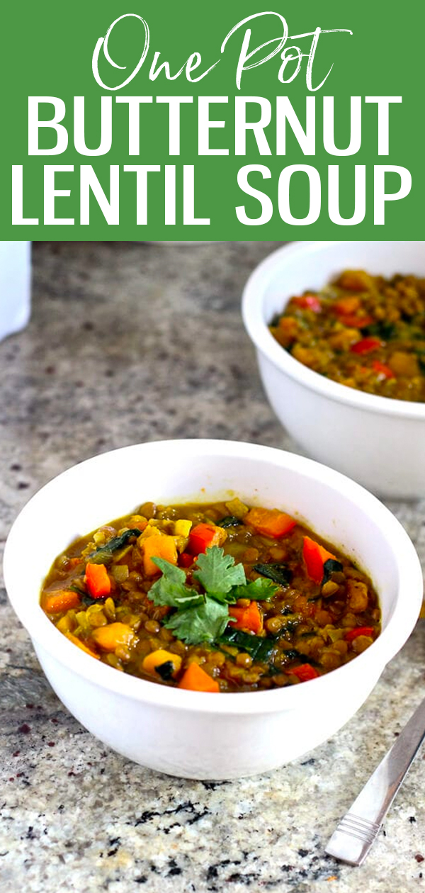 On a cold night, this Curried Butternut Squash and Lentil Soup hits the spot, especially if you are craving vegetarian comfort food with a kick! #butternutsquash #lentil #soup