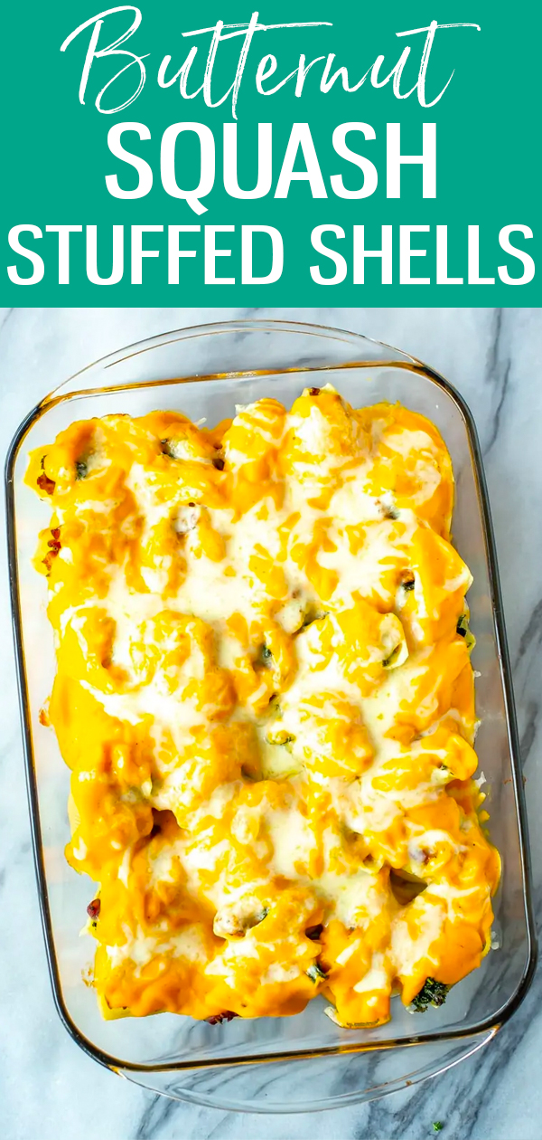 These Butternut Squash Stuffed Shells are the ultimate comfort food with a creamy sauce, turkey sausage filling and fresh mozzarella. #butternutsquash #stuffedshells