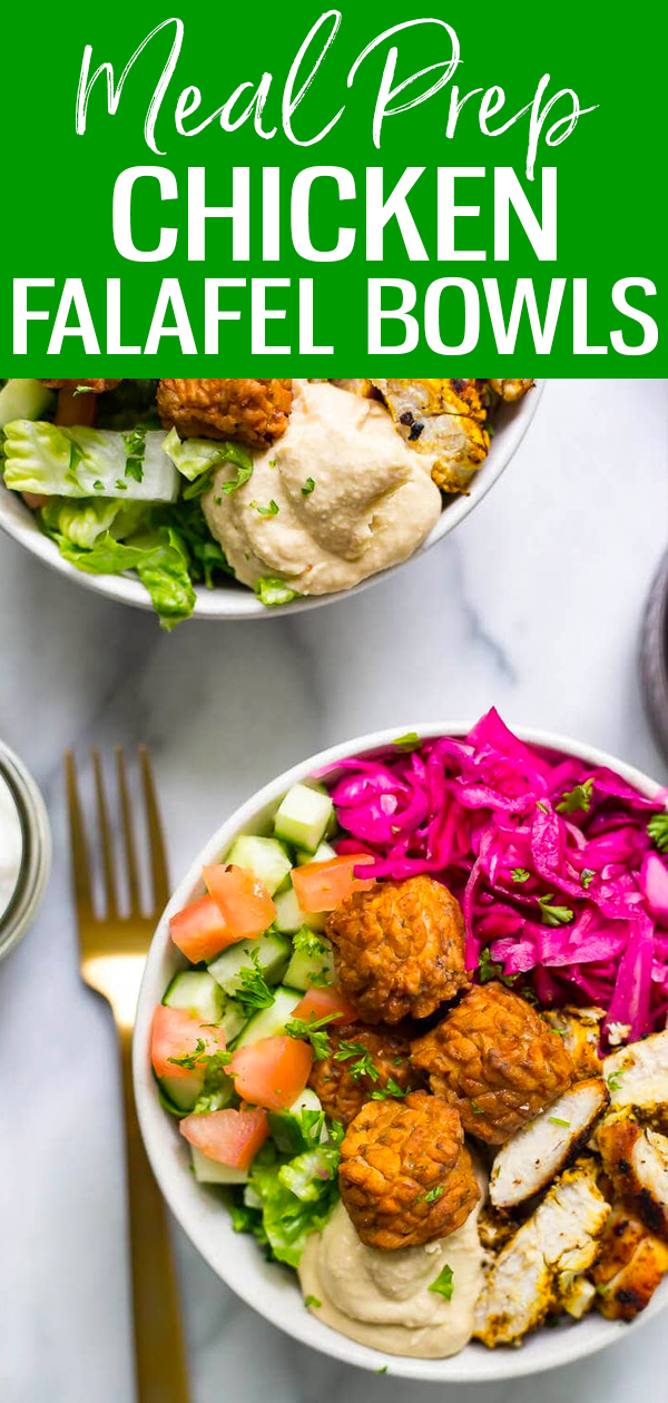 These Chicken Falafel Bowls are a healthy version of your favorite street food loaded with veggies, hummus and homemade garlic sauce. #mealprep #falafel