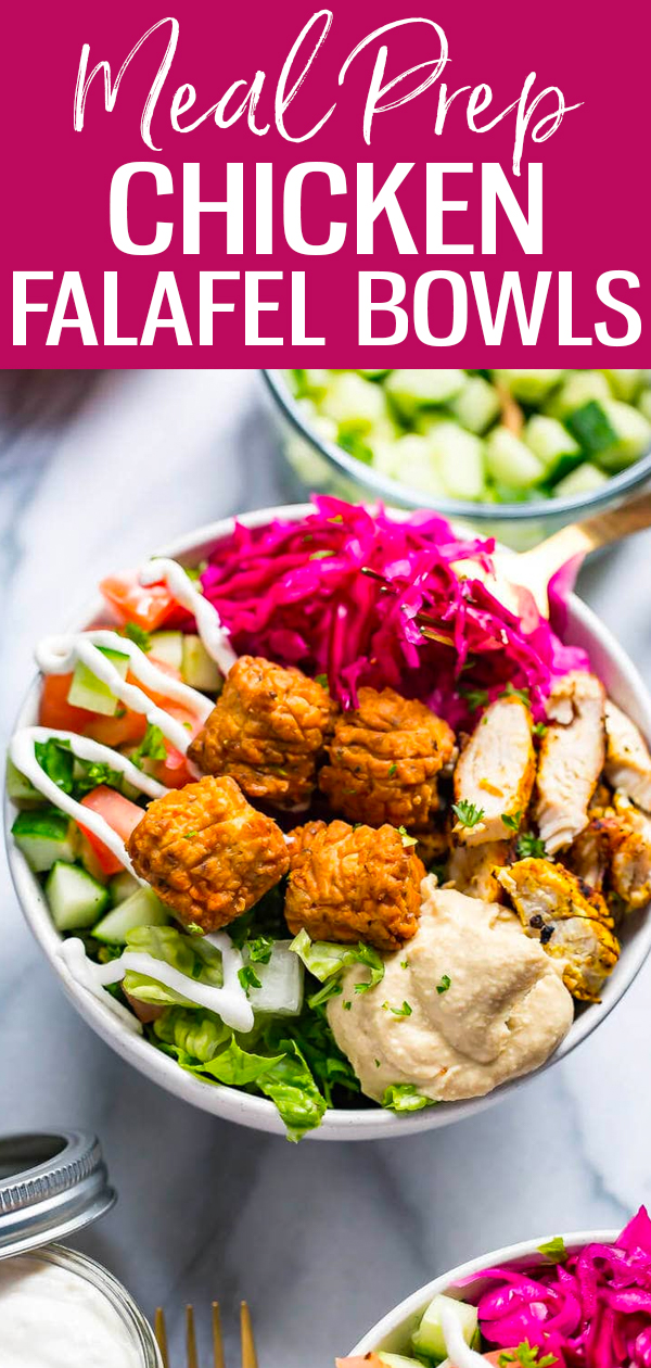 These Chicken Falafel Bowls are a healthy version of your favorite street food loaded with veggies, hummus and homemade garlic sauce. #mealprep #falafel