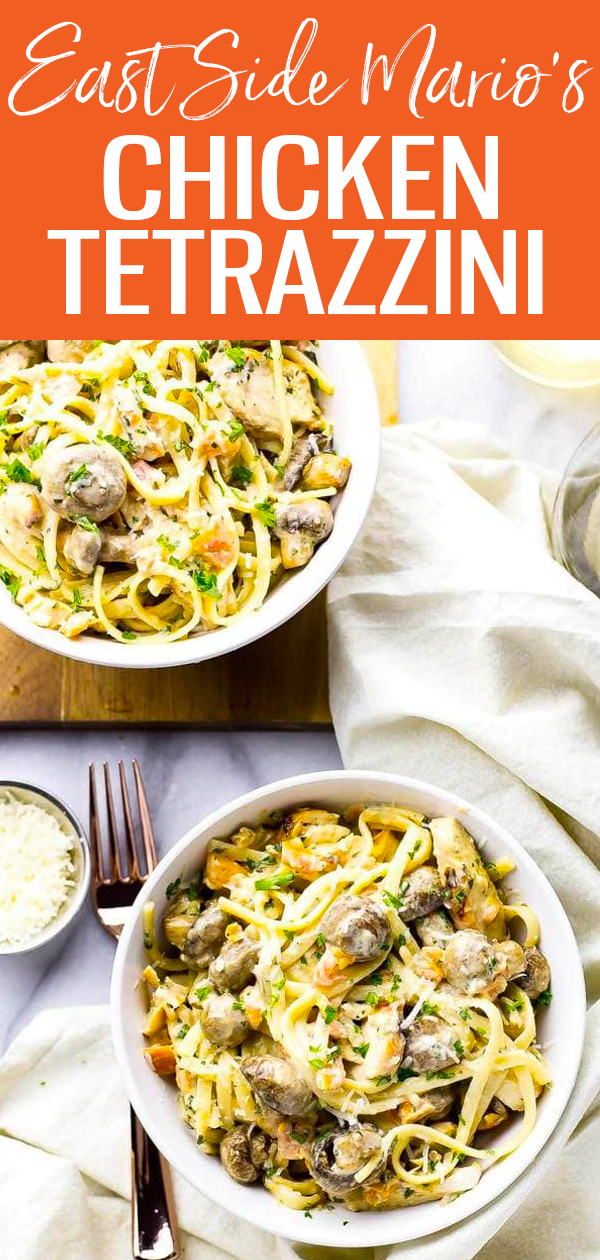 This Linguine Chicken Tetrazzini is a delicious East Side Mario's copycat filled with roasted garlic mushrooms, bruschetta and grilled chicken! #chickentetrazzini #chickenlinguine