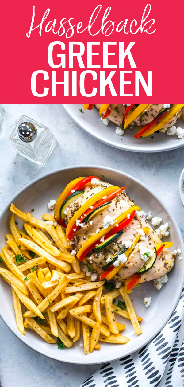 This Hasselback Greek Chicken is a low-carb recipe marinated in lemon and oregano, stuffed with colourful veggies then topped with feta. #hasselback #greekchicken