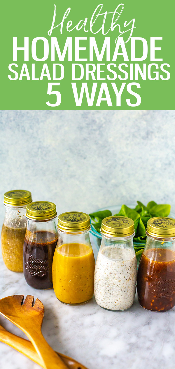 These 5 Healthy Salad Dressings will last in your fridge up to 2 months! Try Italian, ranch, balsamic, honey dijon and ginger sesame.