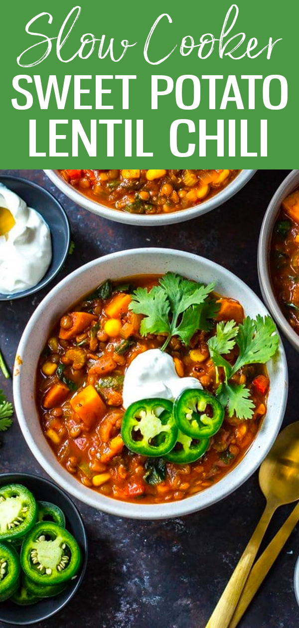 This Crock Pot Vegetarian Lentil Chili with sweet potatoes is a healthy spin on comfort food - it's the perfect hands-off dump dinner! #slowcooker #chili