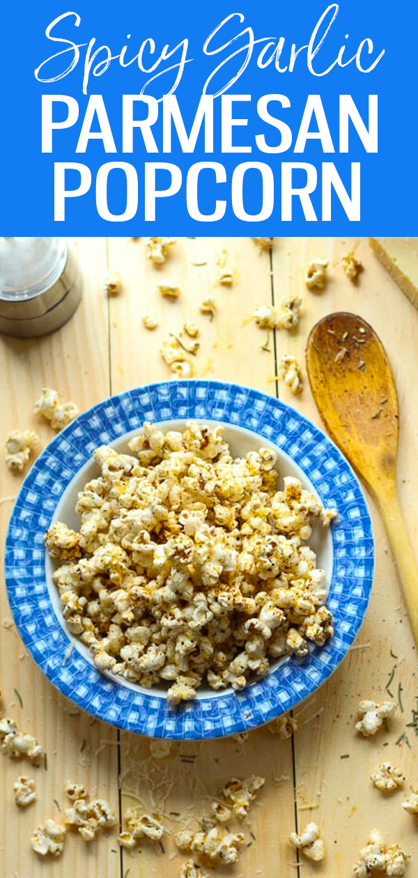 This Quick & Easy Spicy Garlic Parmesan Popcorn recipe is a tasty low-calorie treat that's ready in just a few minutes on the stovetop. #popcorn #healthysnack