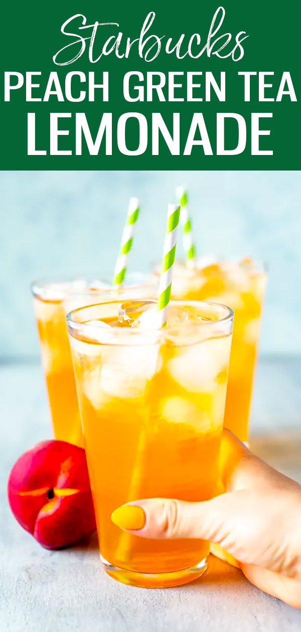 This Iced Peach Green Tea Lemonade tastes exactly like the one they make at Starbucks with green tea, lemonade and peach juice. #starbucks #icedpeachgreentea