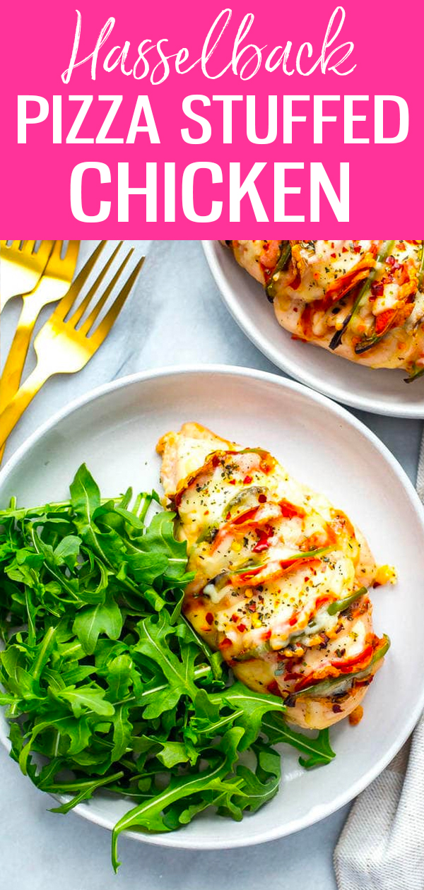 This Hasselback Pizza Stuffed Chicken is a delicious way to spice up boring old chicken breasts and satisfy your pizza craving, too! #stuffedchicken #lowcarb