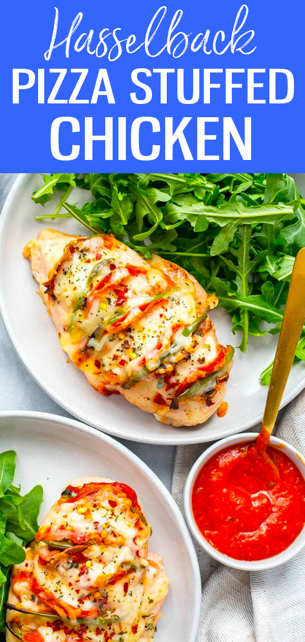 This Hasselback Pizza Stuffed Chicken is a delicious way to spice up boring old chicken breasts and satisfy your pizza craving, too! #stuffedchicken #lowcarb