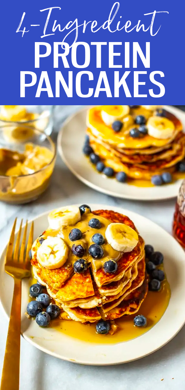 These fluffy Protein Pancakes are a healthier spin on the breakfast-food favourite and super easy to make – you only need four ingredients! #proteinpancakes #breakfastfood