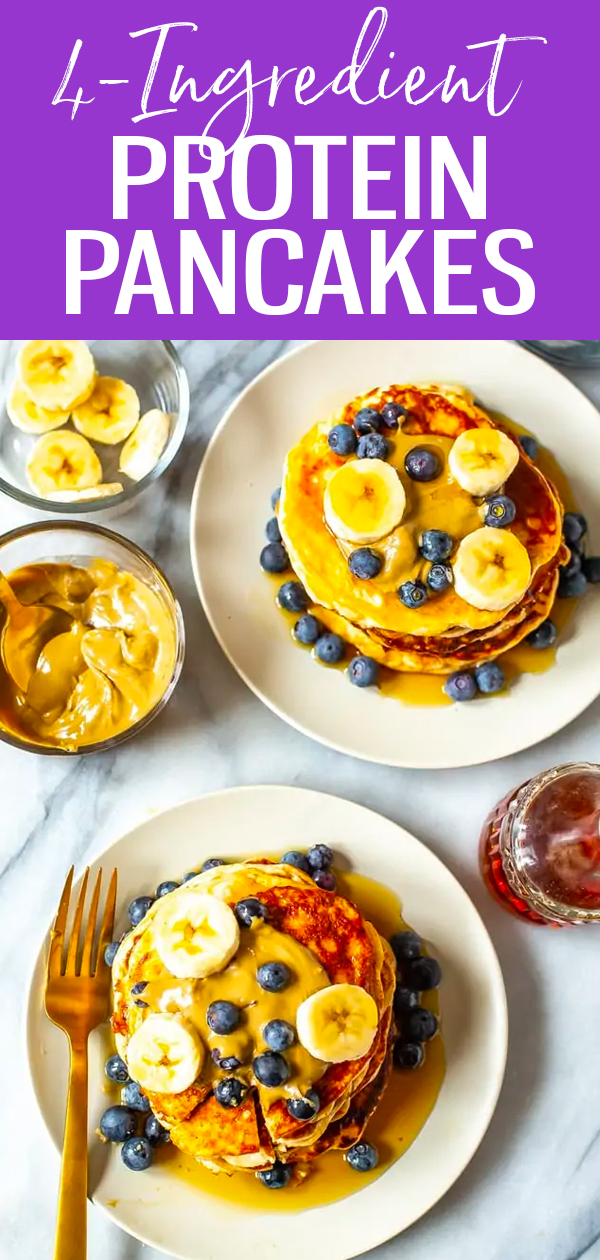 These fluffy Protein Pancakes are a healthier spin on the breakfast-food favourite and super easy to make – you only need four ingredients! #proteinpancakes #breakfastfood