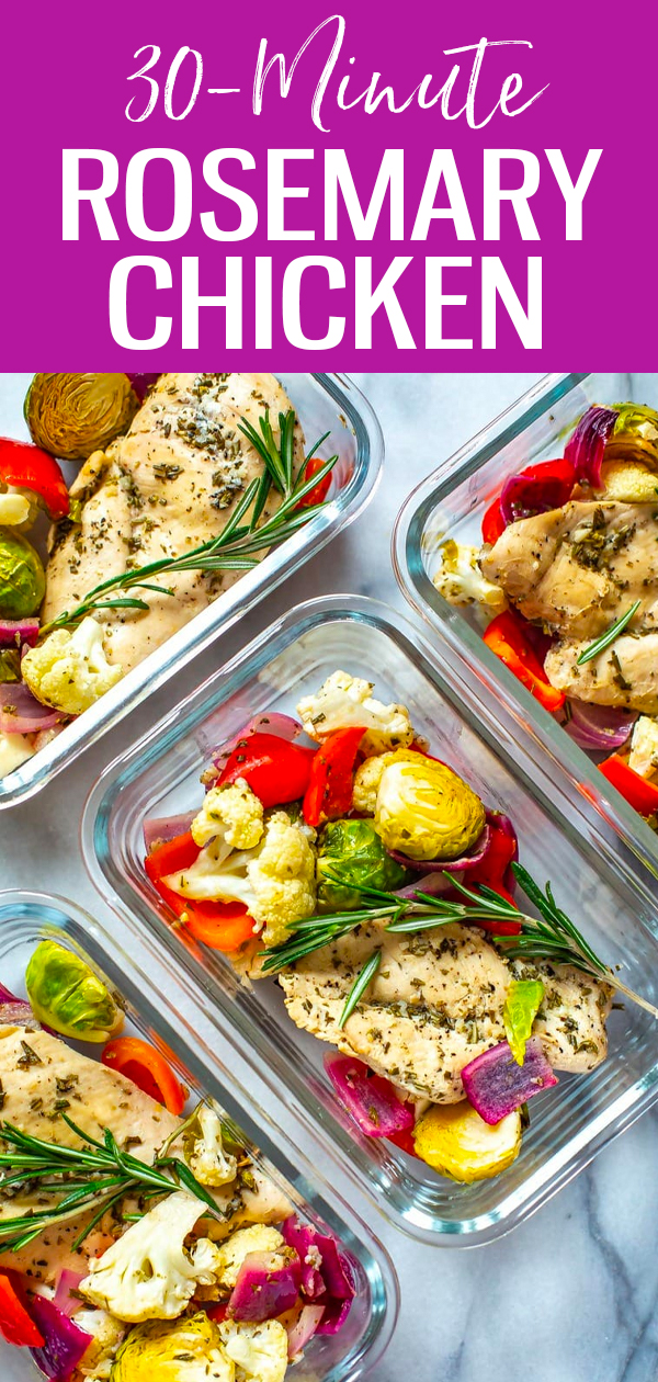 This Sheet Pan Rosemary Chicken is a healthy, low-carb meal prep idea that is perfect as a 30-minute dinner or to pack up as lunch bowls! #sheetpan #rosemarychicken