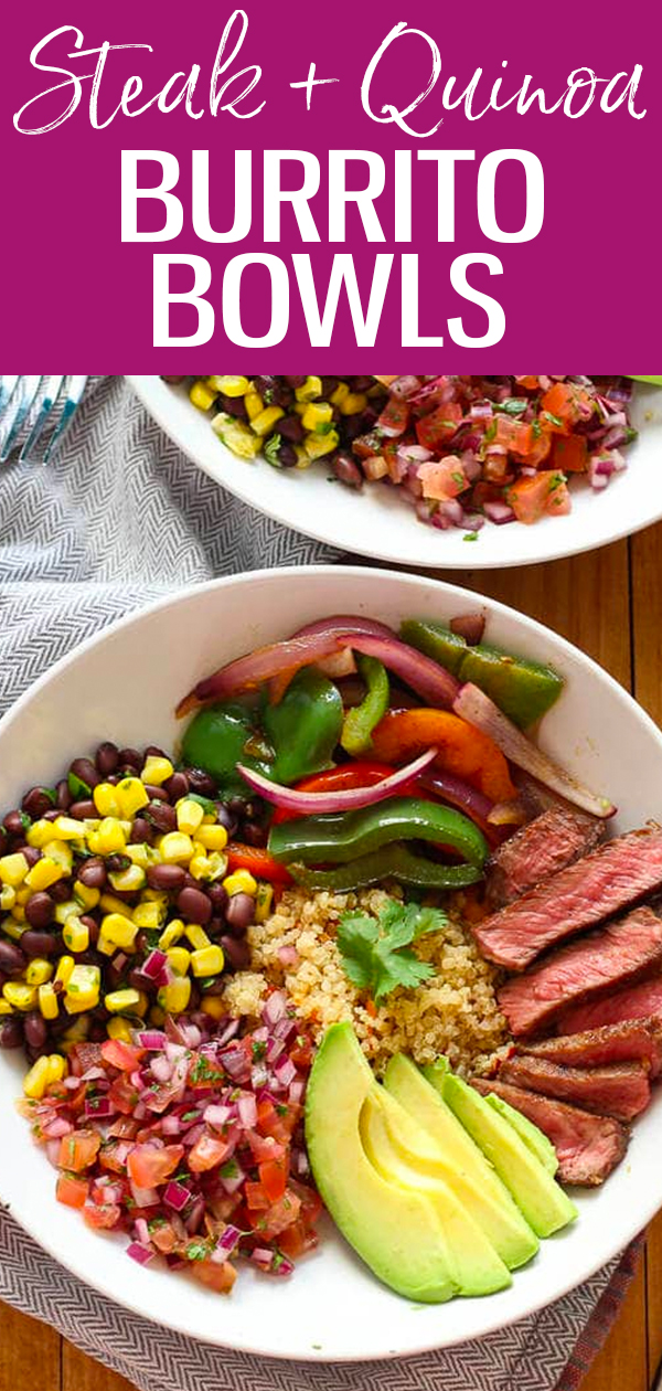 This Steak and Quinoa Burrito Bowl with pico de gallo and corn salsa is a delicious lunch idea you can meal prep, and is inspired by Chipotle! #lunch #burritobowl