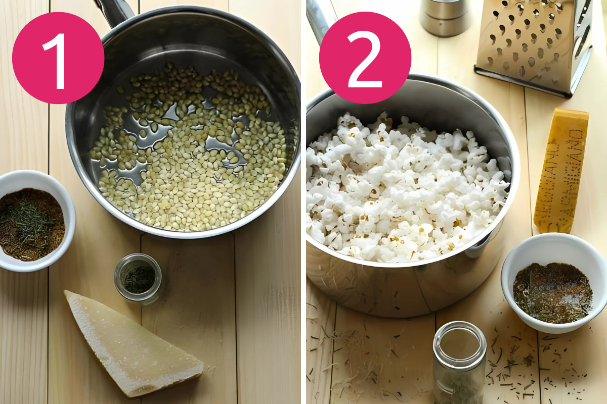 collage image of garlic parmesan popcorn step 1 & 2