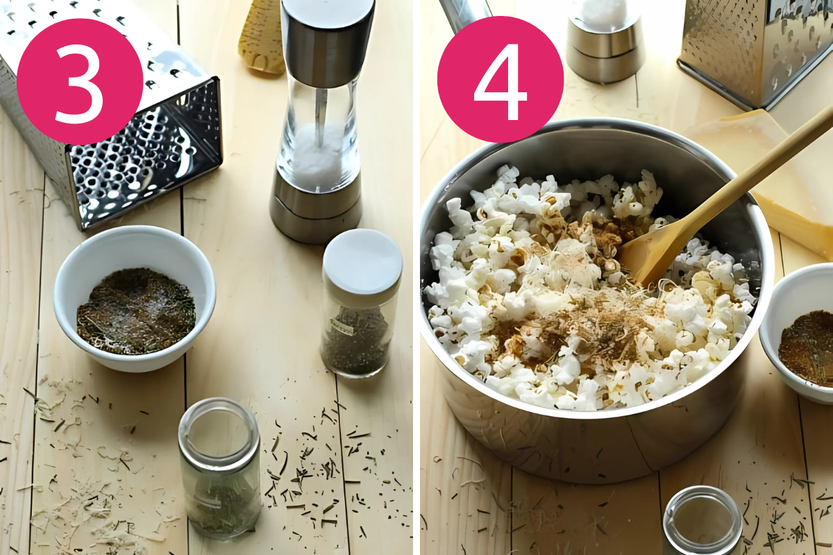 collage image of garlic parmesan popcorn step 3 & 4