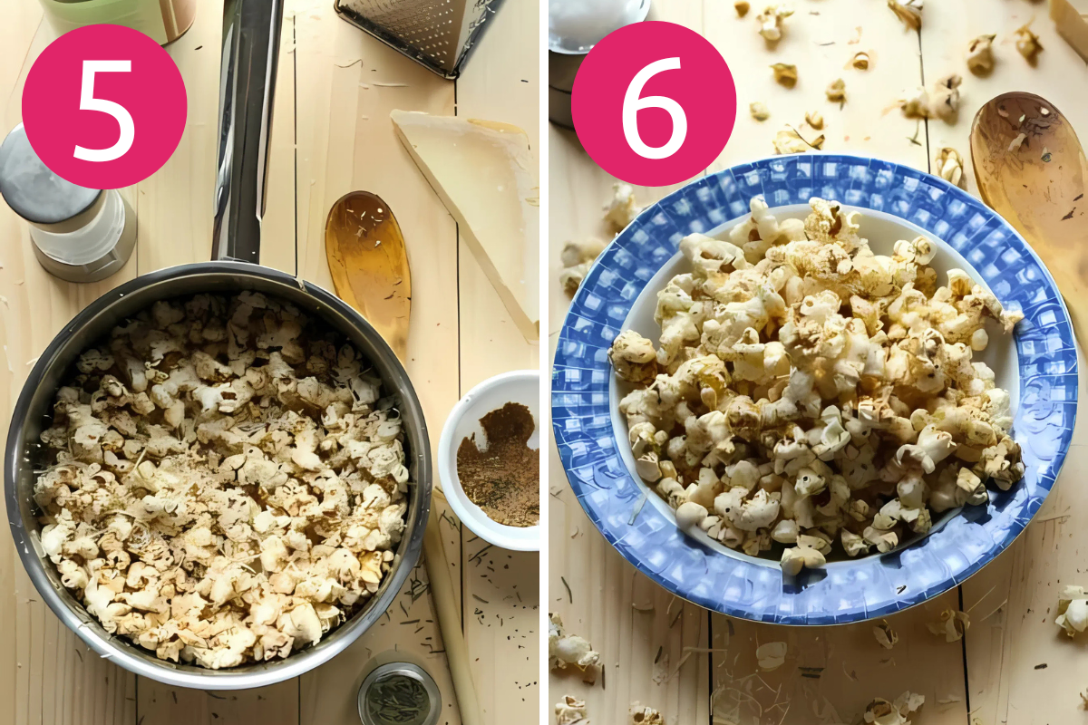 collage image of garlic parmesan popcorn step 5 & 6