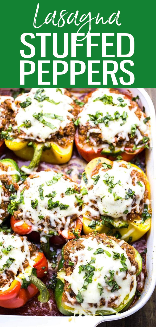 These Quinoa Lasagna Stuffed Peppers are a fun spin on lasagna made with ground beef and ricotta for a healthy make-ahead dinner idea. #quinoa #lasagna #stuffedpeppers