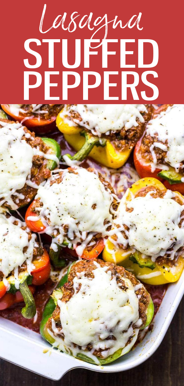 These Quinoa Lasagna Stuffed Peppers are a fun spin on lasagna made with ground beef and ricotta for a healthy make-ahead dinner idea. #quinoa #lasagna #stuffedpeppers