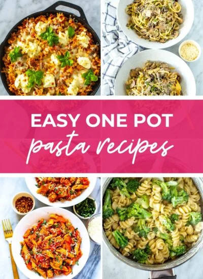 Four different homemade pasta dishes with the text "Easy One Pot Pasta Recipes" on top.