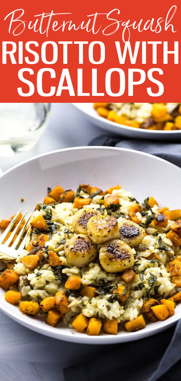 This Seared Scallops with Butternut Squash Risotto recipe is an indulgent dinner with roasted squash, creamy risotto and yummy scallops. #risotto #butternutsquash #scallops