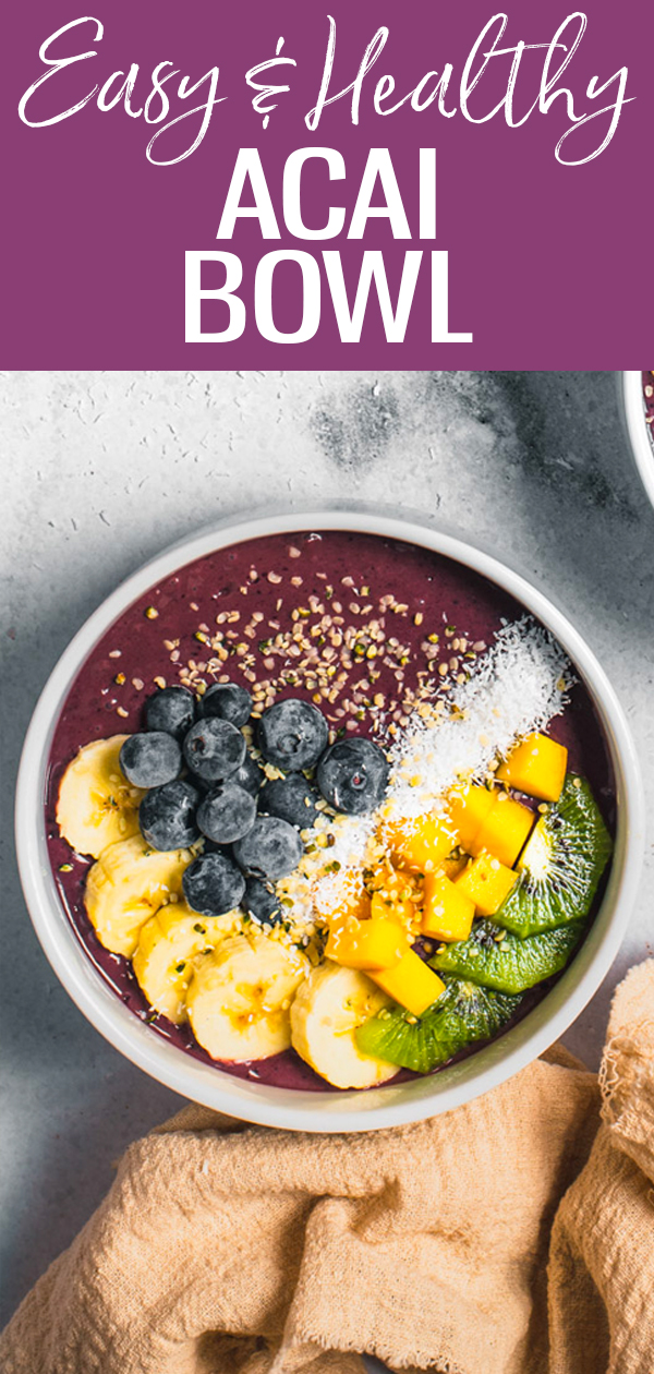 This is the easiest Acai Bowl recipe! All you need is acai powder, frozen blueberries, banana, Greek yogurt for protein and honey! #breakfast #acai