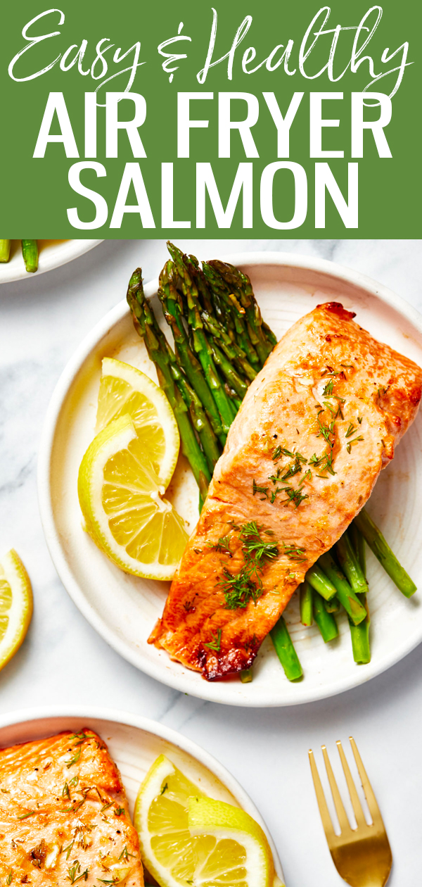 This Air Fryer Salmon is ready in 30 minutes - you'll love the delicious lemon garlic marinade! Pair it with some veggies for easy meal prep. #airfryer #salmon