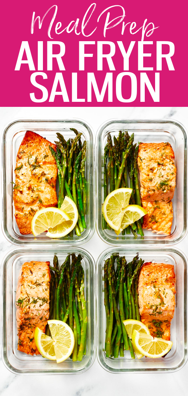 This Air Fryer Salmon is ready in 30 minutes - you'll love the delicious lemon garlic marinade! Pair it with some veggies for easy meal prep. #airfryer #salmon