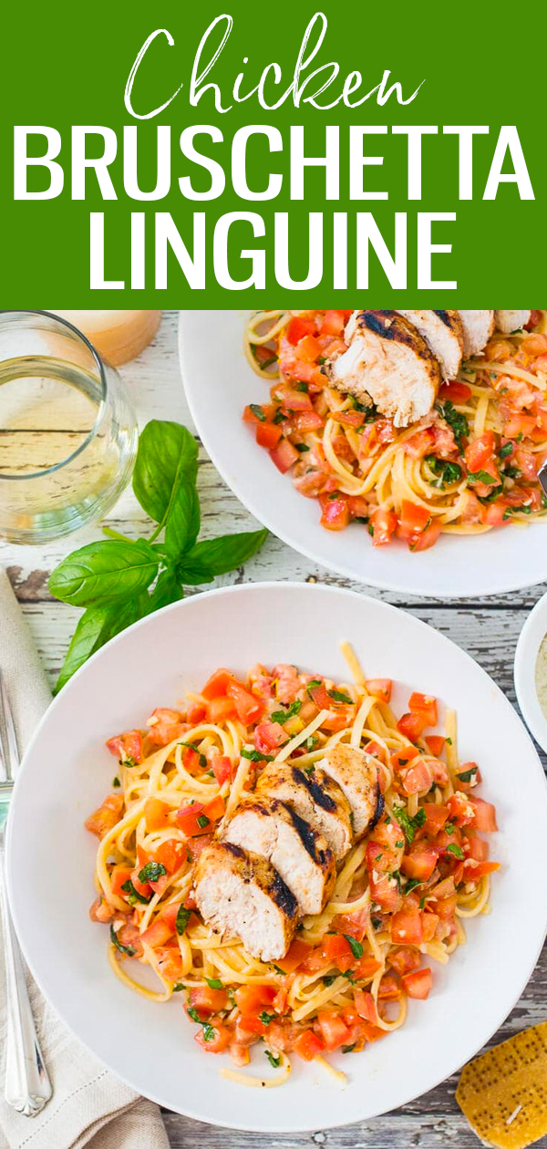 This Chicken Bruschetta Linguine is jam packed with beautiful summer flavours using plum tomatoes, fresh basil and a creamy parmesan sauce. #chickenbruschetta #linguine