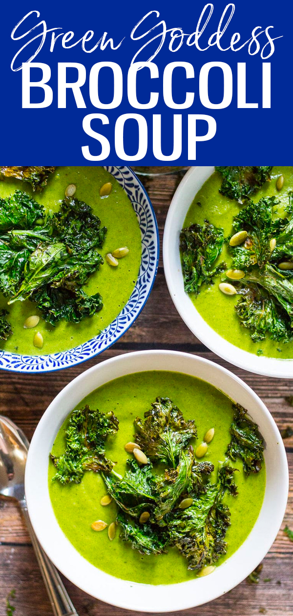 This Green Goddess Vegan Broccoli Soup is topped with kale chips and packed with leafy greens – you won't even notice it's dairy-free! #vegan #broccolisoup #greengoddess