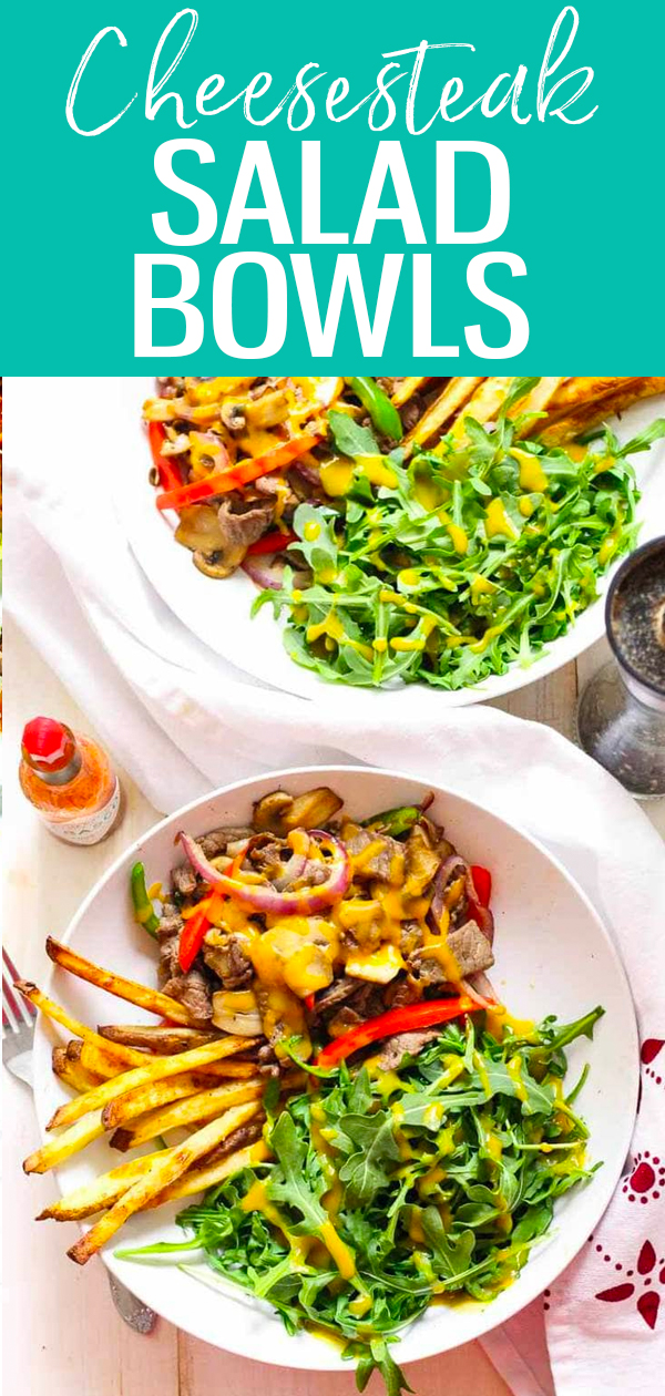 These Philly Cheesesteak Salad Bowls are a healthier way to enjoy the famous sandwich with marinated steak and honey mustard dressing. #phillycheesesteak #saladbowl