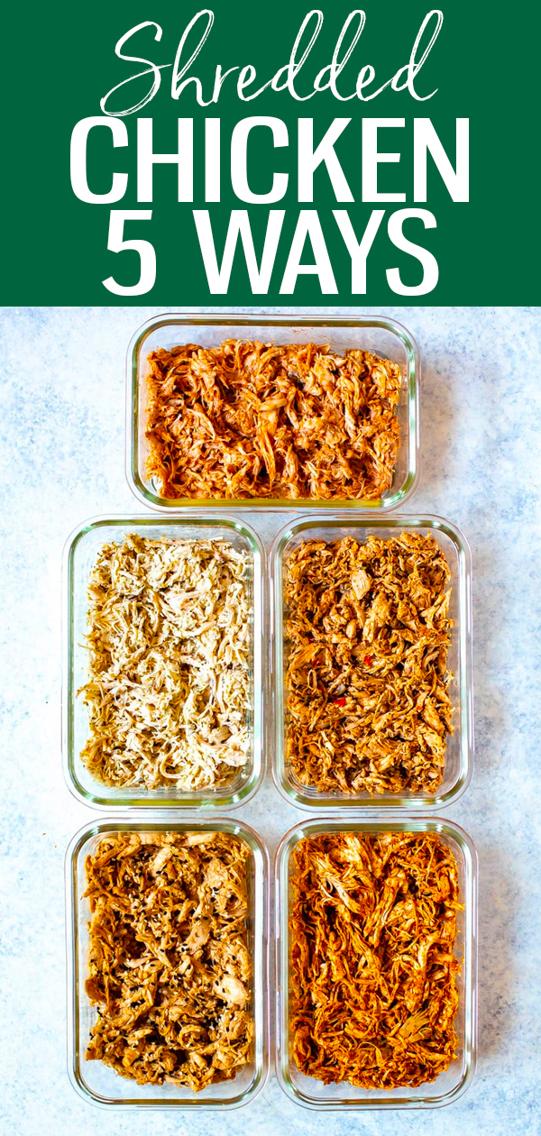 These Shredded Chicken Recipes are anything but boring with five delicious flavour options that are all great for meal prep. #shreddedchicken #mealprep