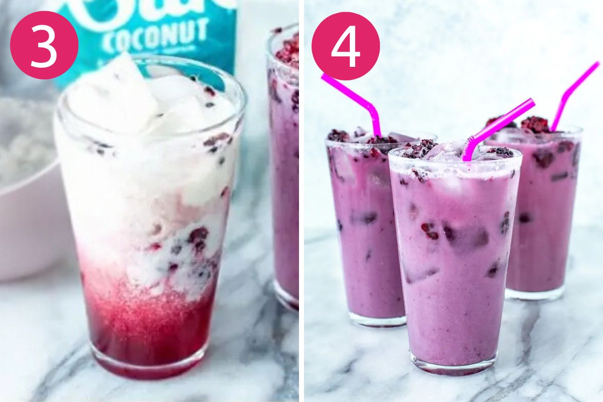 Steps 3 and 4 for making a Starbucks purple drink