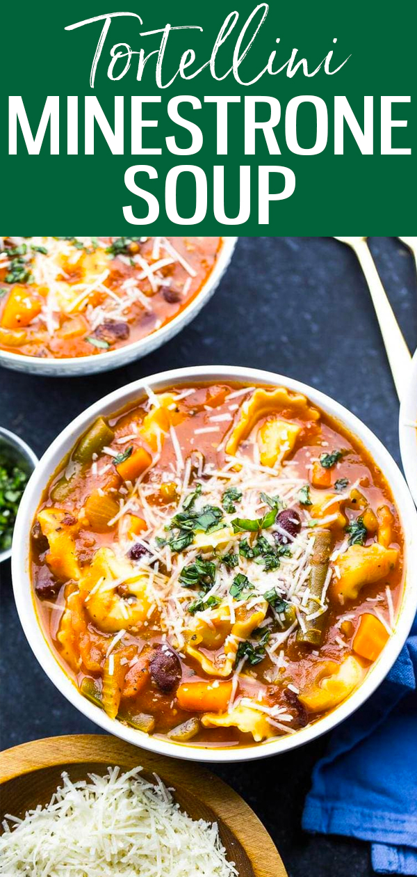 This 30-Minute Tortellini Minestrone Soup is a filling, high-fibe vegetarian dinner that comes together quickly for those busy weeknights! #cheesetortellini #minestronesoup