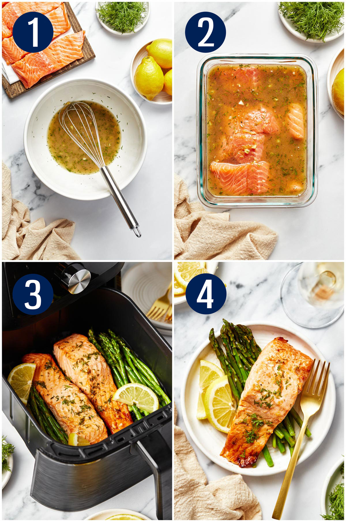 Step by step instructions collage for making air fryer salmon: mixing marinade, marinating salmon in a glass container, air frying salmon, serving with fresh lemon and dill.