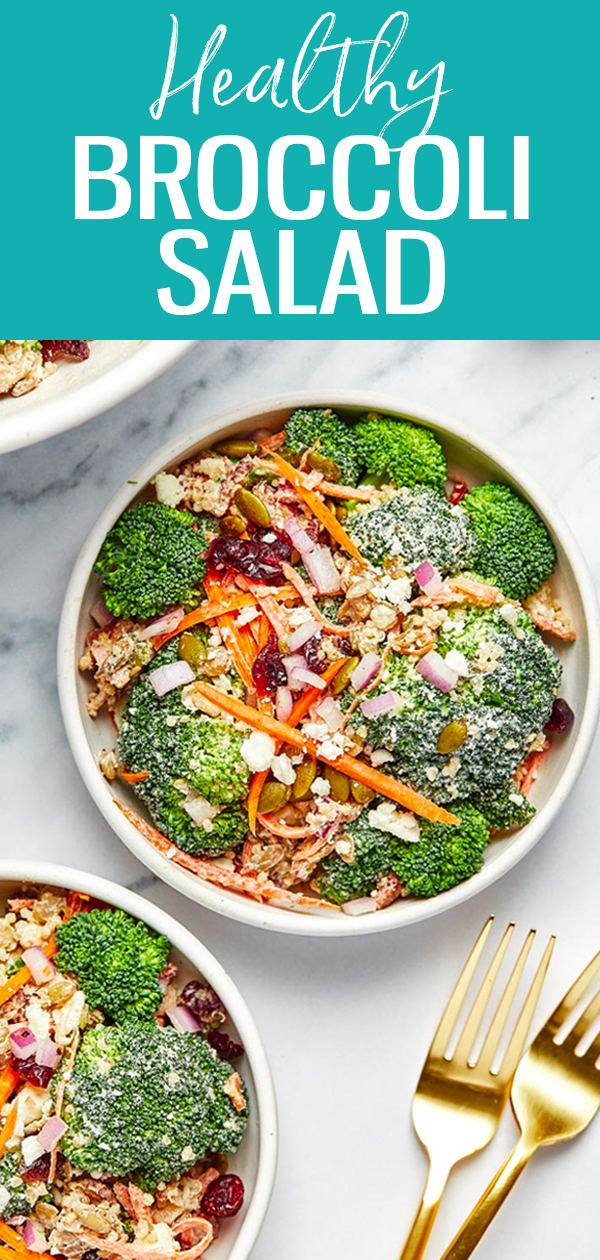 This High Protein Broccoli Salad is perfect for meal prep -it’s so filling with lentils, bacon and quinoa in a creamy dressing! #broccolisalad #mealprep
