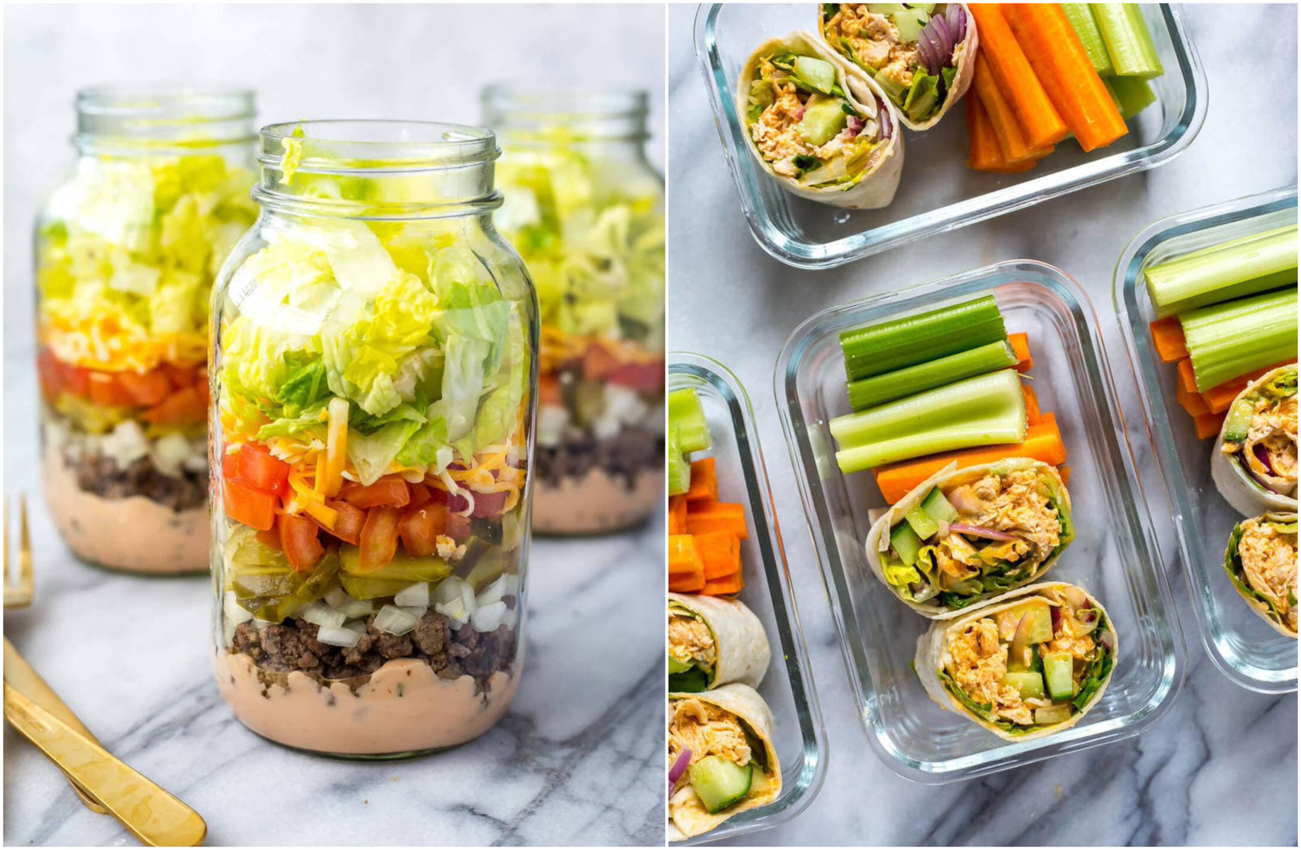 Collage of lunch ideas, including Burger salad jars and buffalo chicken wraps