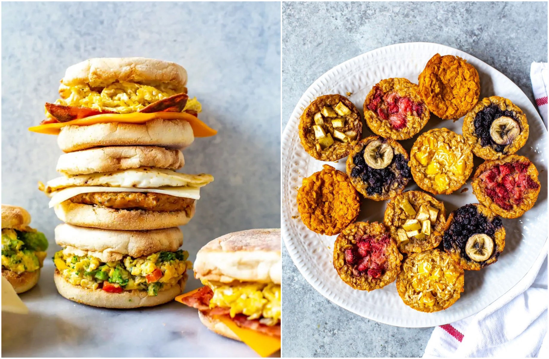 Collage of breakfast ideas, including breakfast sandwiches and oatmeal cups.