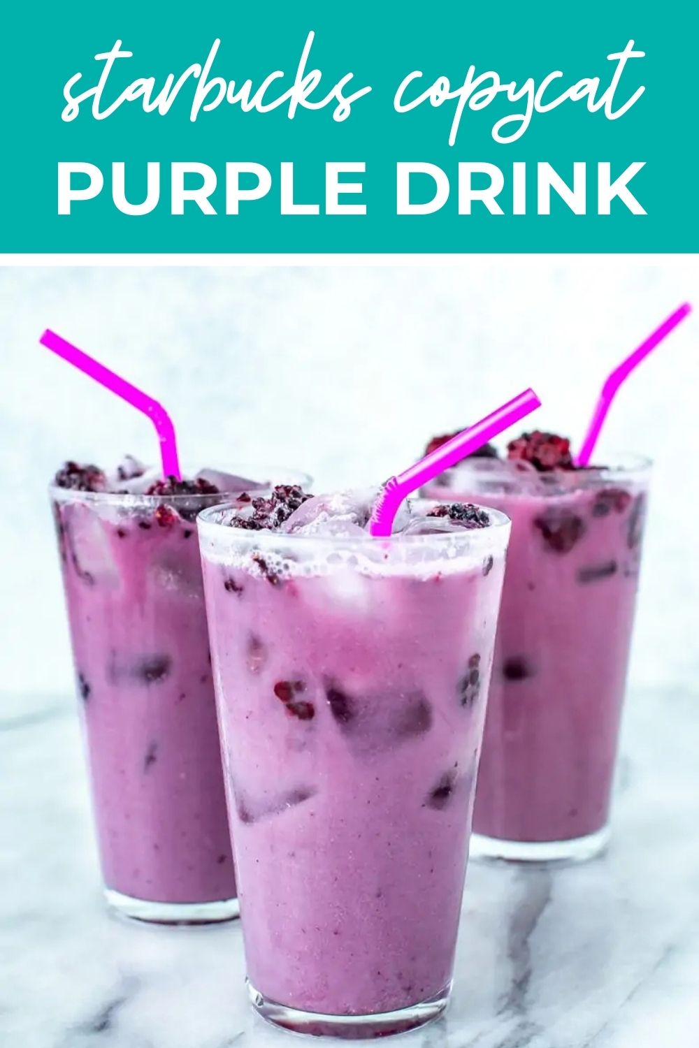 Three glasses of Starbucks purple drink