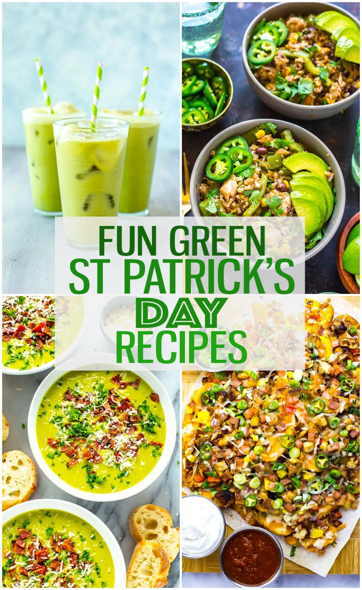 A collage of four different St. Patrick's Day food ideas with the text "Fun Green St. Patrick's Day Recipes".