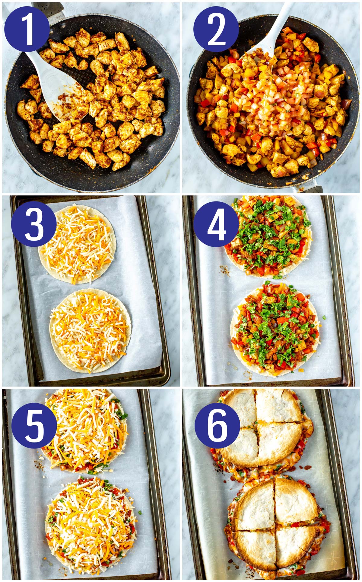 Step-by-step instructions collage for chicken quesadillas: cook chicken, add pico de gallo and peppers, put cheese on tortillas, add chicken to tortillas, add more cheese on top of chicken, bake quesadillas.